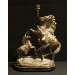 A silvered metal figural table lamp, Marly Horse, in the style of Guillaume Coustou,