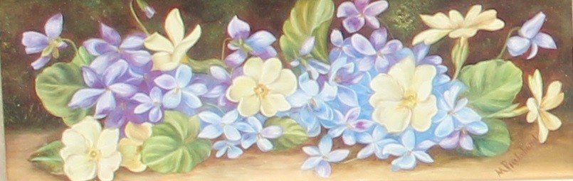 M Pritchard Primrose and Violettas signed, oil on opaque panel, 7.5cm x 21.5cm; a pair of small - Bild 2 aus 5