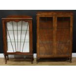 An early 20th century walnut and mahogany display cabinet, 132cm high, 90cm wide, 25cm deep;