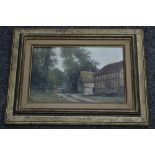 French School (early 20th century) Tudor Framed Farm Buildings, with chickens oil on board, 20cm x