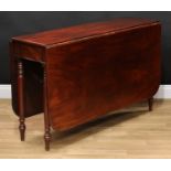 A 19th century mahogany gateleg dining table, rounded rectangular top with fall leaves, ring-