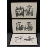 Chinese School (20th century), a set of three monochrome prints, of charioteers, woodblocks on