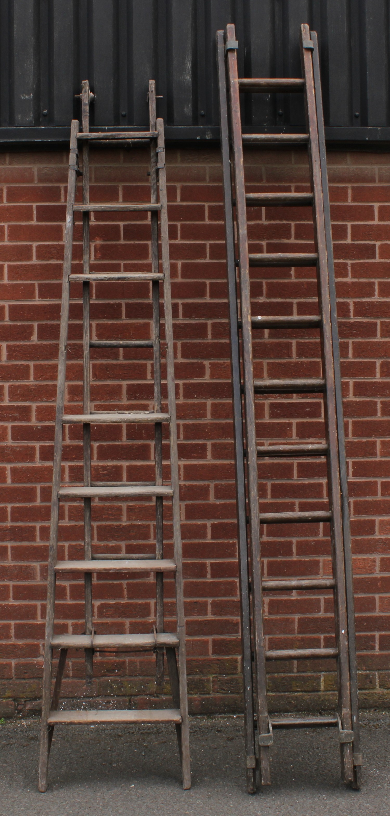 A vintage extendable ladder; a set of Victorian barn step ladders (2)