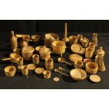 Treen - a collection of boxwood miniature domestic vessels and utensils