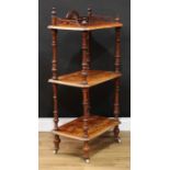 A Victorian walnut and marquetry three-tier whatnot, 114cm high, 54.5cm wide, 34.5cm deep