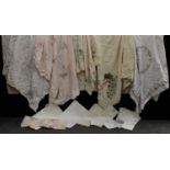 Textiles - hand embroidered linen tablecloths, including Crinoline Lady (4); English Country Garden,