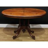 A late Victorian walnut and marquetry centre table, oval tilting top inlaid with stylised urns and