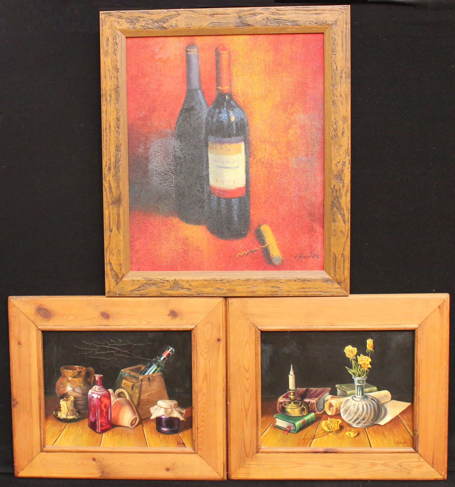 Pictures and Prints - Continental School, Wine Bottles, signed, oil, 59cm x 49cm; a pair of Still