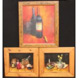 Pictures and Prints - Continental School, Wine Bottles, signed, oil, 59cm x 49cm; a pair of Still