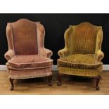 A pair of George II design 'his and hers' wingback armchairs, stuffed-over upholstery, squab