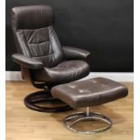 A Stressless type leather armchair, 99cm high, 76.5cm wide, the seat 47cm wide and 44cm deep, and