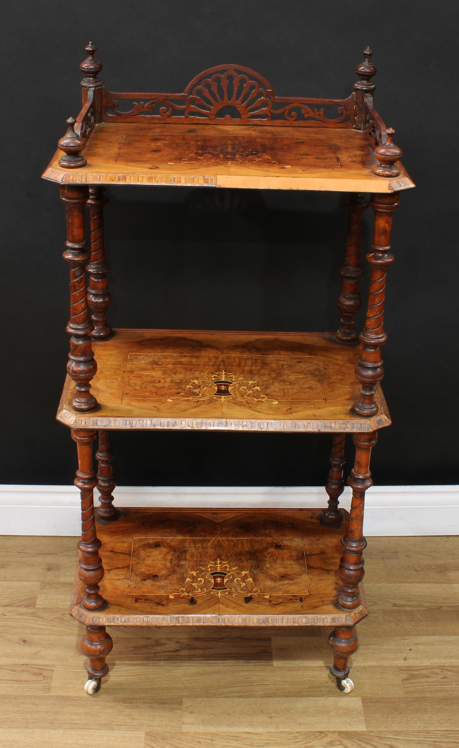 A Victorian walnut and marquetry three-tier whatnot, 114cm high, 54.5cm wide, 34.5cm deep - Bild 2 aus 3