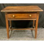 A George III oak lowboy, rectangular top above one long drawer, tapered square legs, H-stretcher,