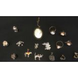 Jewellery - a 9ct gold mounted cameo ring, another; cameo brooch, silver charms, earrings etc