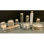 Silver and Glass dressing table and case bottles, various - a silver topped smelling salts bottle; a