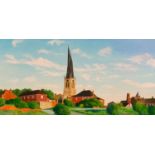 M Glossop Chesterfield Spire signed, dated 90, oil on canvas, 49cm x 102cm