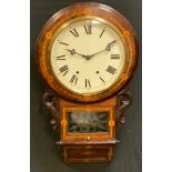 An early-mid 20th century mahogany drop dial wall clock, marquetry inlaid case, 30cm cream enamel