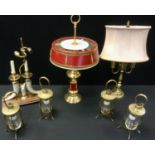 Lighting - four lantern type brass side light, 32cm high; a novelty resin tusk side light; others