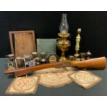 A School Boy stamp album; a crossbow stock; an oil lamp; an onyx side light; plated trophy cups' etc
