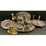 Metalware - a four piece silver plated tea set, associated tray; swing handle basket; pair of