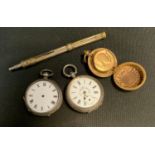 A silver open faced fob watch; another; a gilt metal sovereign case; sliding pencil