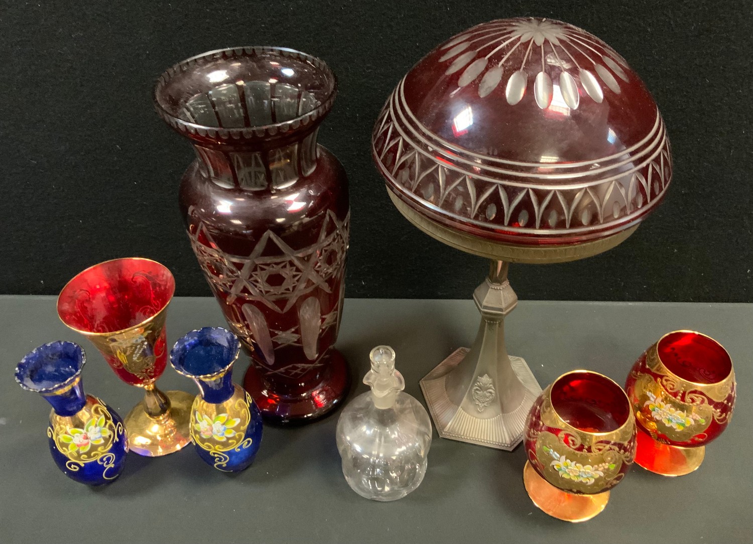 An early 20th century Bohemian domed table lamp, the metal base embossed and fluted, c.1910; a - Image 2 of 2