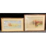 Hector Kinley Sailing Boats at Sea signed, dated 1921, watercolor, 24cm x 52cm; another F Rouse,