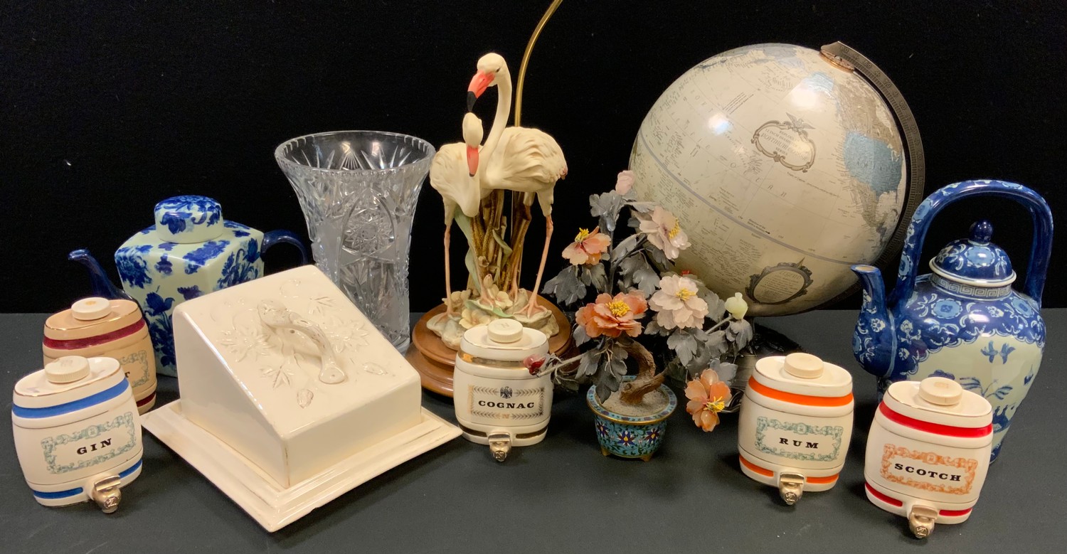 A Chinese hard stone and cloisonne flower vase; two reproduction Chinese blue and white tea kettles;