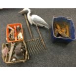 Tools - a sugar beet fork; plastic heron; hinges; saw etc
