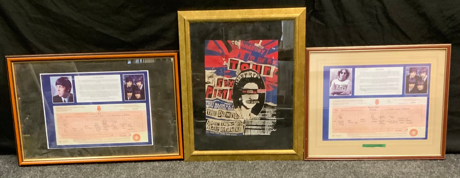 A framed Paul Mcarthney birth certificate; another, John Lennon; a Sex Pistol God Save the Queen