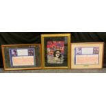 A framed Paul Mcarthney birth certificate; another, John Lennon; a Sex Pistol God Save the Queen