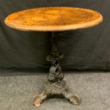 A Victorian Coalbrookedale style cast iron garden table, cast with dolphins, c.1870, 71cm high