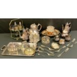 A Wolfe silver plated six piece tea and coffee service, tray ensuite; an EPBM Teapot; entree dish;
