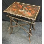 An early 20th century 'Chinese' occasional table, the rectangular top with birds and foliage,