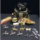 Toys - a hollow cast metal model submarine; miniature cars, Jo Hill Co mounted Knights etc; an