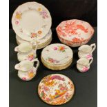 Royal Crown Derby Red Aves Hexagonal bowl; four Posies jugs; six dessert plates; six saucers; Old