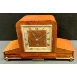 An Art Deco inlaid walnut mantel clock, eight day movement, silvered dial, c.1930