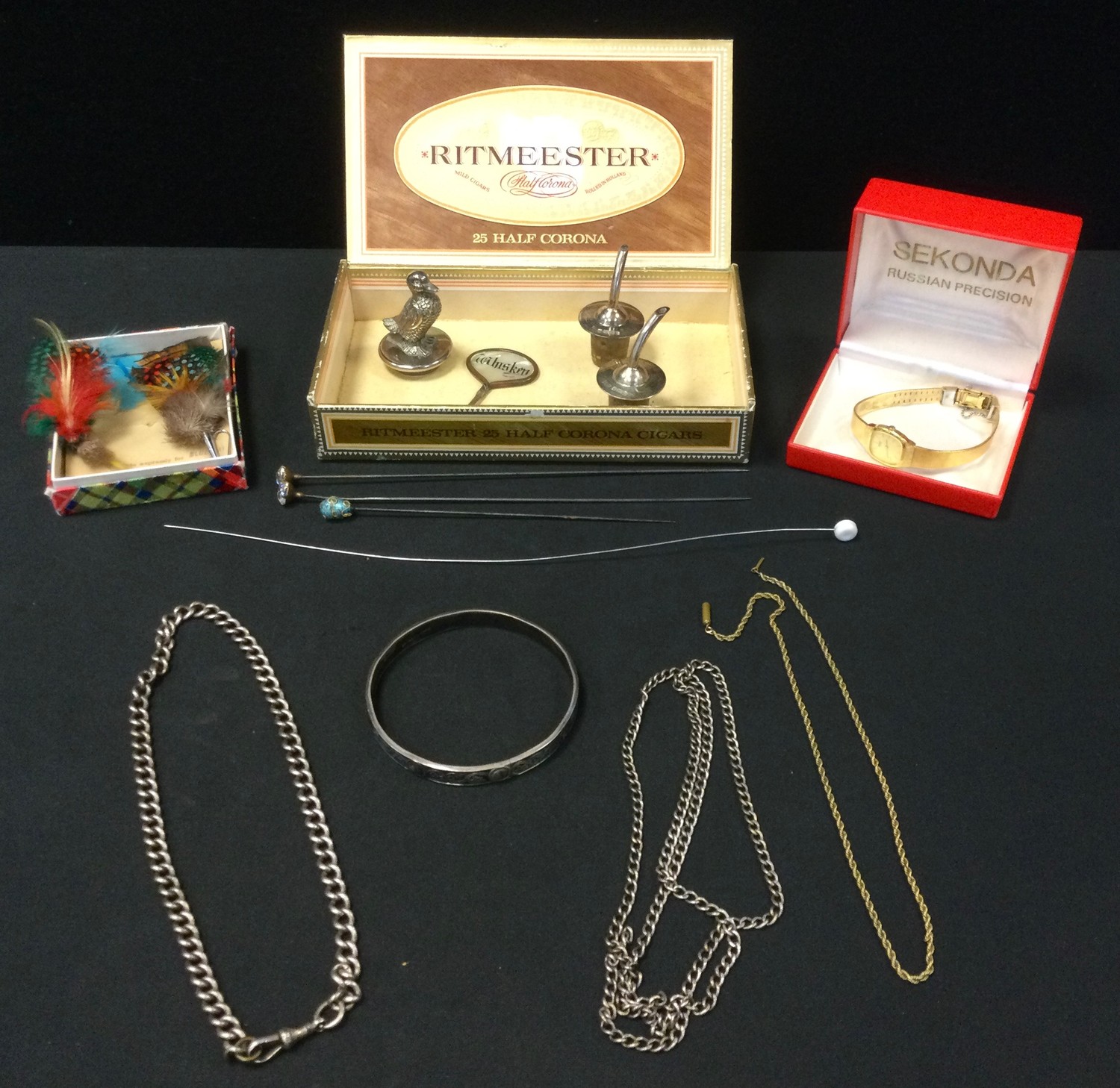 Jewellery & Silver - a silver curb link Albert Chain; necklace; pair of silver bottle pourers ;