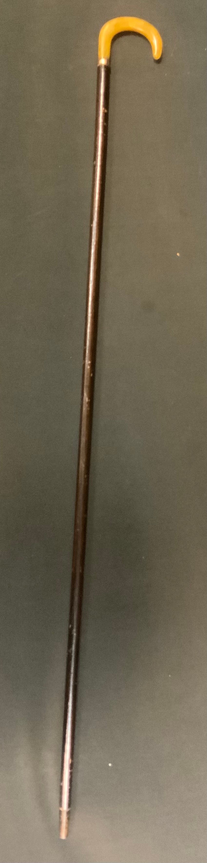 A Late Victorian horn handled slender walking cane, rolled gold collar, 77cm long