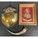 A Sherwood Forester's horn, plated mount, 32cm long; a brass side profile bust, Wellington,