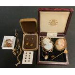 A 9ct gold Cameo ring; a gold coloured metal cameo brooch; another; earrings; etc