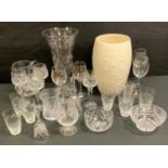Ceramics and Glass - a large flared cylindrical clear glass flower vase; cut glass wine glasses;