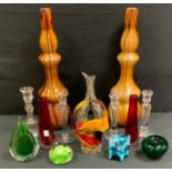 Decorative and Coloured Glass - a Slag glass spill vase; two triple ogee shaped mottled tan vases,