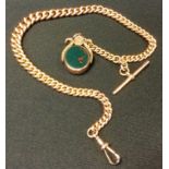 A 9ct gold heavy weight graduated Albert chain, bloodstone and carnelian fob terminal; T bar,