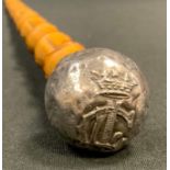 A silver mounted parade/swagger stick, Duke of Cornwall light infantry regimental pommel ,