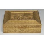 A 19th century Palais Royal-type gilt-metal table-top cigar box, the hinged pinchbeck cover with a