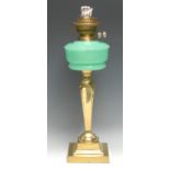 A late Victorian gilt-brass and vaseline glass oil lamp, square pedestal base, 54cm high, c. 1900