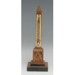 A Tunbridge ware obelisk desk thermometer, typically inlaid with flowers and tumbling blocks,