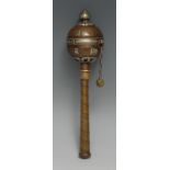 A Tibetan copper, brass and silvered mani prayer wheel, 23cm long