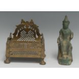 A Chinese/Thai verdigris bronze domestic shrine figure, cast as Buddha enthroned, 14cm high, 17th/